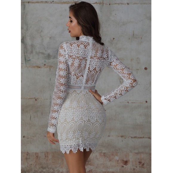 White Guipure Long Sleeve Bodycon Mini Dress - Picture 5 of 8